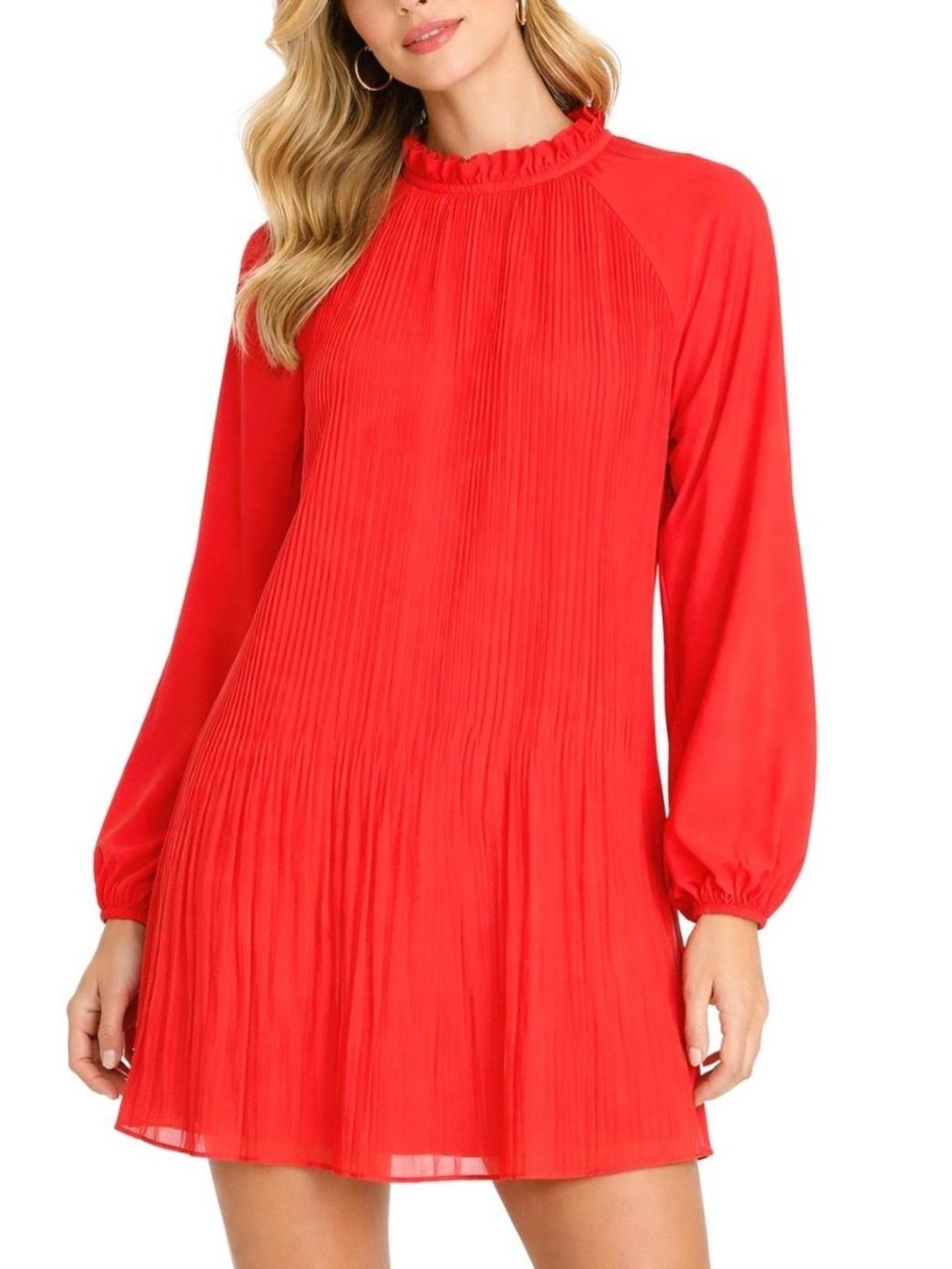 PrettyGarden Red Pleated Mini Dress Ruffle High Neck Long Sleeve Size Small